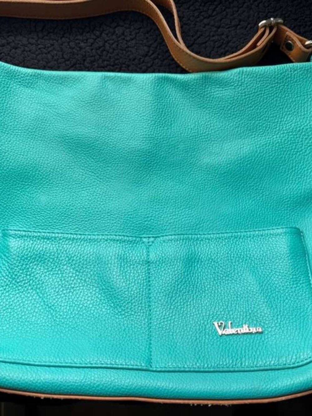 Valentina Turquoise Pebbled Leather Hobo with Brown Strap